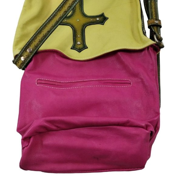 Leather Purse with Studded Religious Cross Crossbody Bag Chartreuse Yellow - Picture 6 of 13